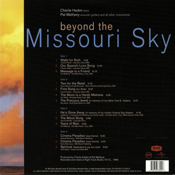 Charlie Haden & Pat Metheny : Beyond The Missouri Sky (Short Stories)  (2xLP, Album, RE)