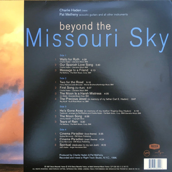 Charlie Haden & Pat Metheny : Beyond The Missouri Sky (Short Stories)  (2xLP, Album, RE)