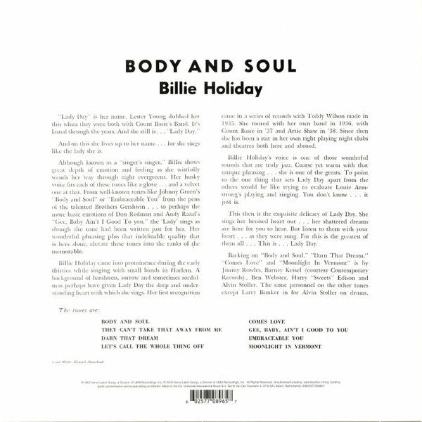 Billie Holiday : Body And Soul (LP,Reissue,Mono)