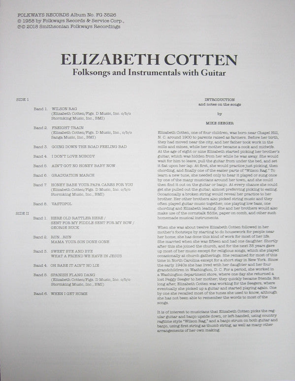 Elizabeth Cotten : Folksongs And Instrumentals With Guitar (LP,Album,Reissue)