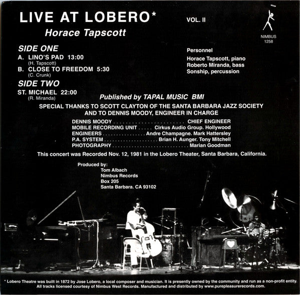 Horace Tapscott, Roberto Miranda, Sonship Theus : Live At Lobero Vol. II (LP, Album, Ltd, RE, RM)