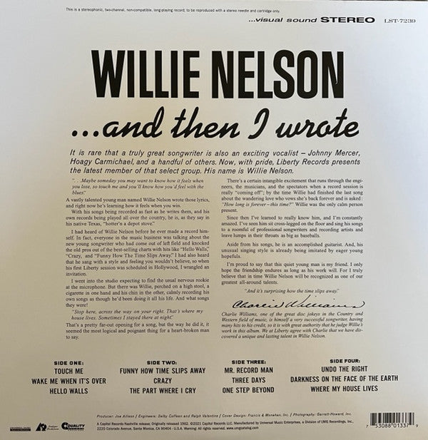 Willie Nelson : ... And Then I Wrote (2xLP, Album, RE, 180)