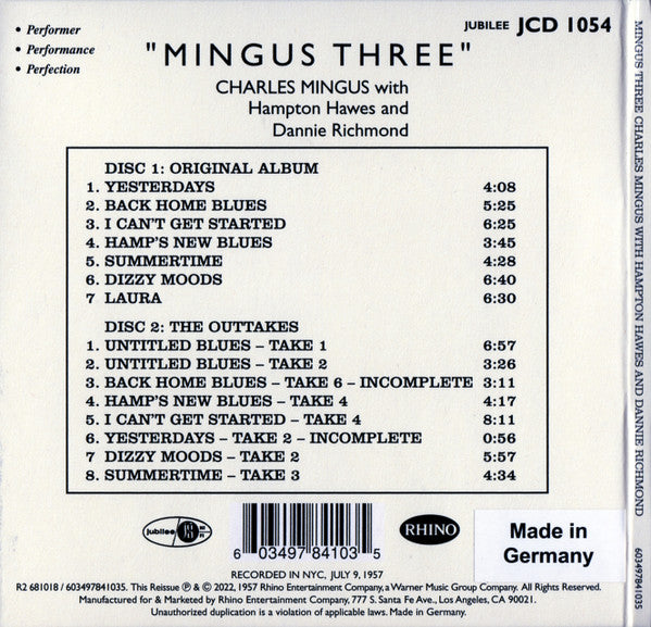 Charles Mingus With Hampton Hawes And Dannie Richmond : Mingus Three (2xCD, Album, Dlx, RE, RM)