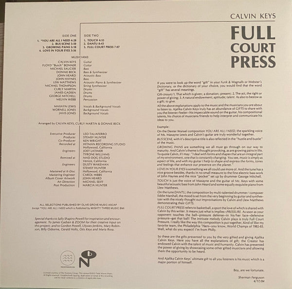 Calvin Keys : Full Court Press (LP,Album,Record Store Day,Limited Edition,Reissue)