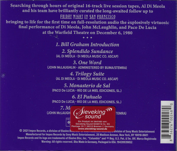 Al Di Meola, John McLaughlin, Paco De Lucía : Saturday Night In San Francisco (CD, Album)