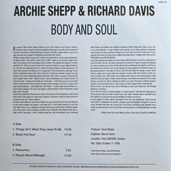 Archie Shepp & Richard Davis (2) : Body And Soul (LP, Album, RE, RM)