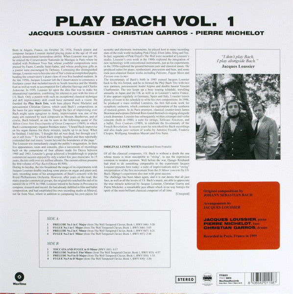 Jacques Loussier / Christian Garros / Pierre Michelot : Play Bach No.1 (LP,Album,Reissue,Remastered,Limited Edition)