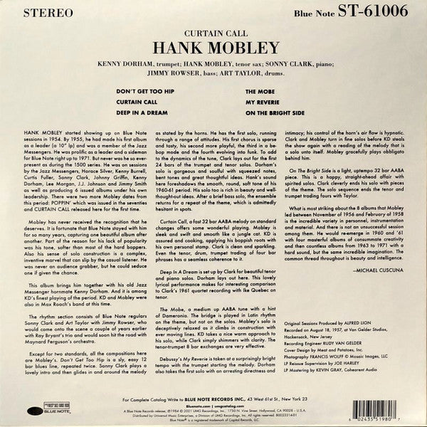 Hank Mobley Featuring Kenny Dorham & Sonny Clark : Curtain Call (LP, Album, RE, 180)